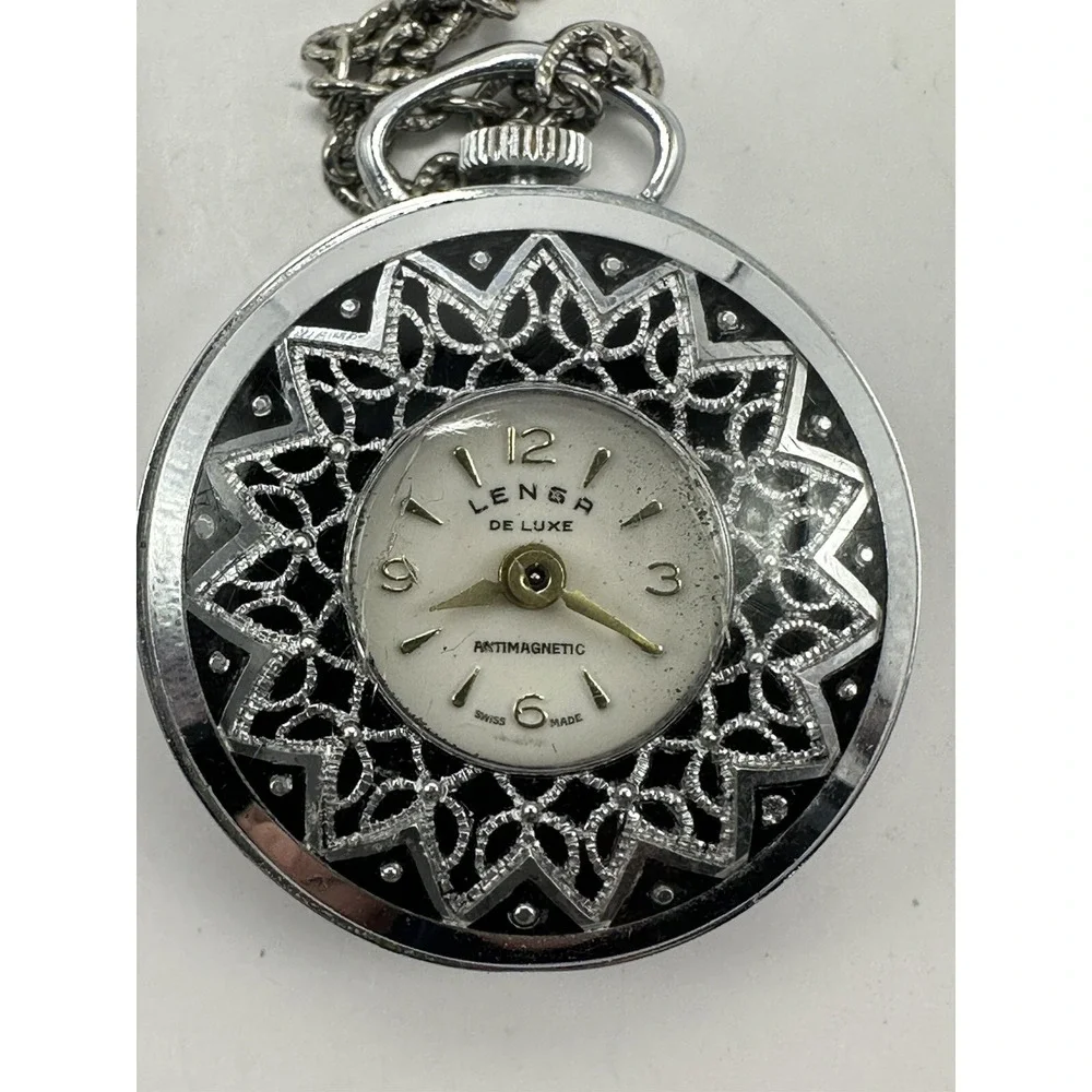 Lenga De Luxe Pendant Watch 34MM‎ Manual Wind Swiss Made Works Silver Tone A79